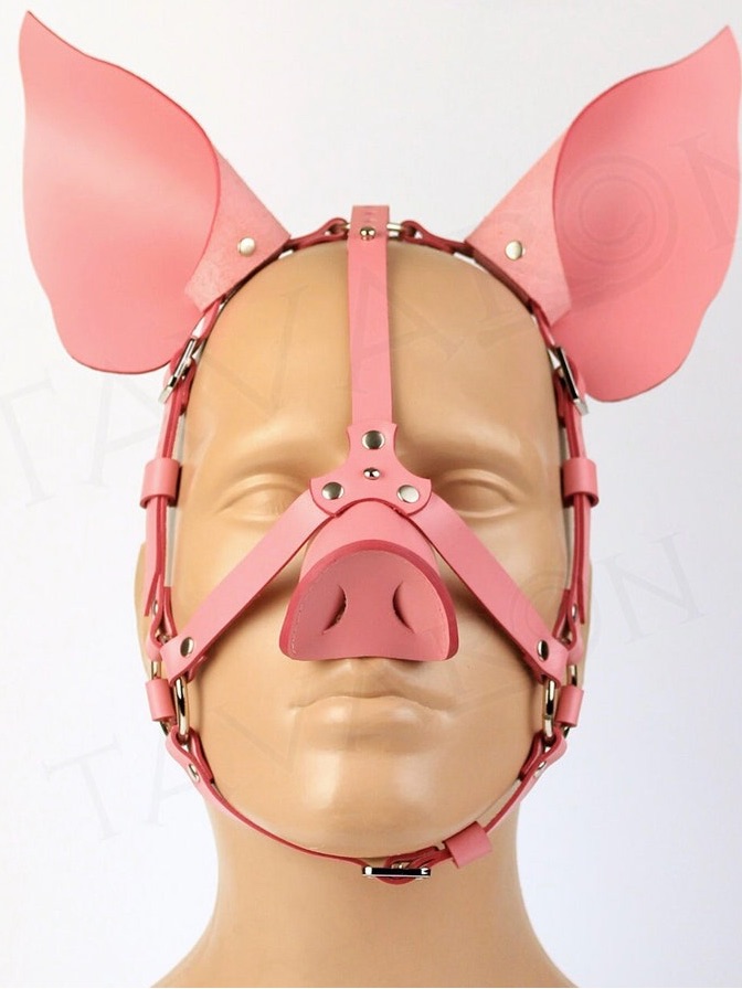 Pink Pig Harness Mask - Leather Ear & Snout Headpiece